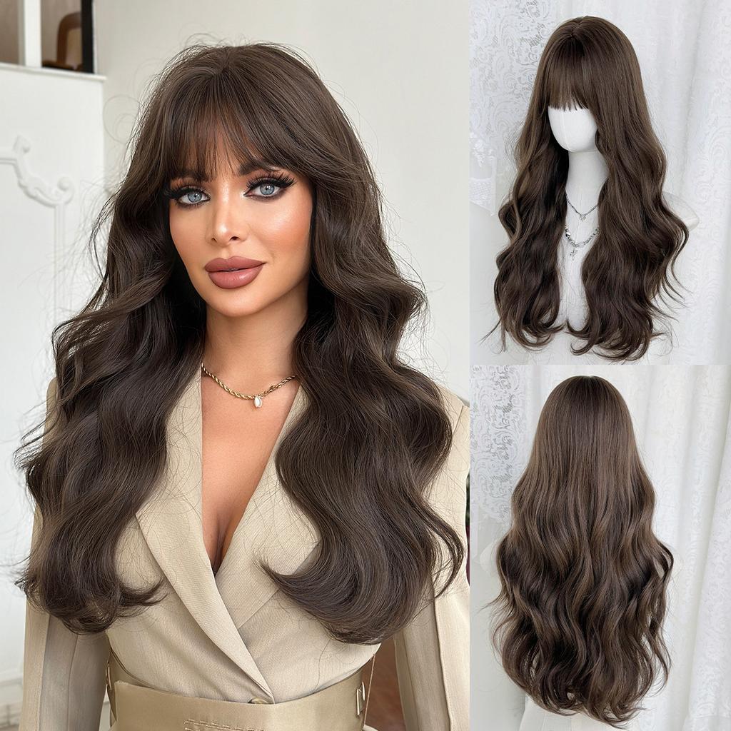 Women’s Natural Black Tea Brown Long Curly Wig with Blunt Bangs Full Wig for Daily Wear