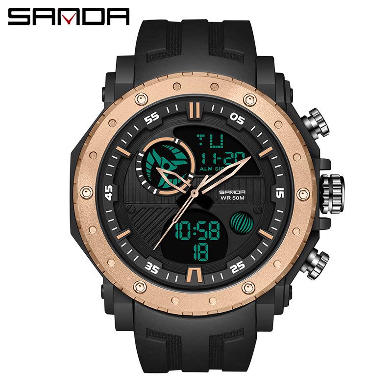 Sanda Multifunctional Dual Display Luminous Waterproof Outdoor Sports Men's Watch with Large Dial