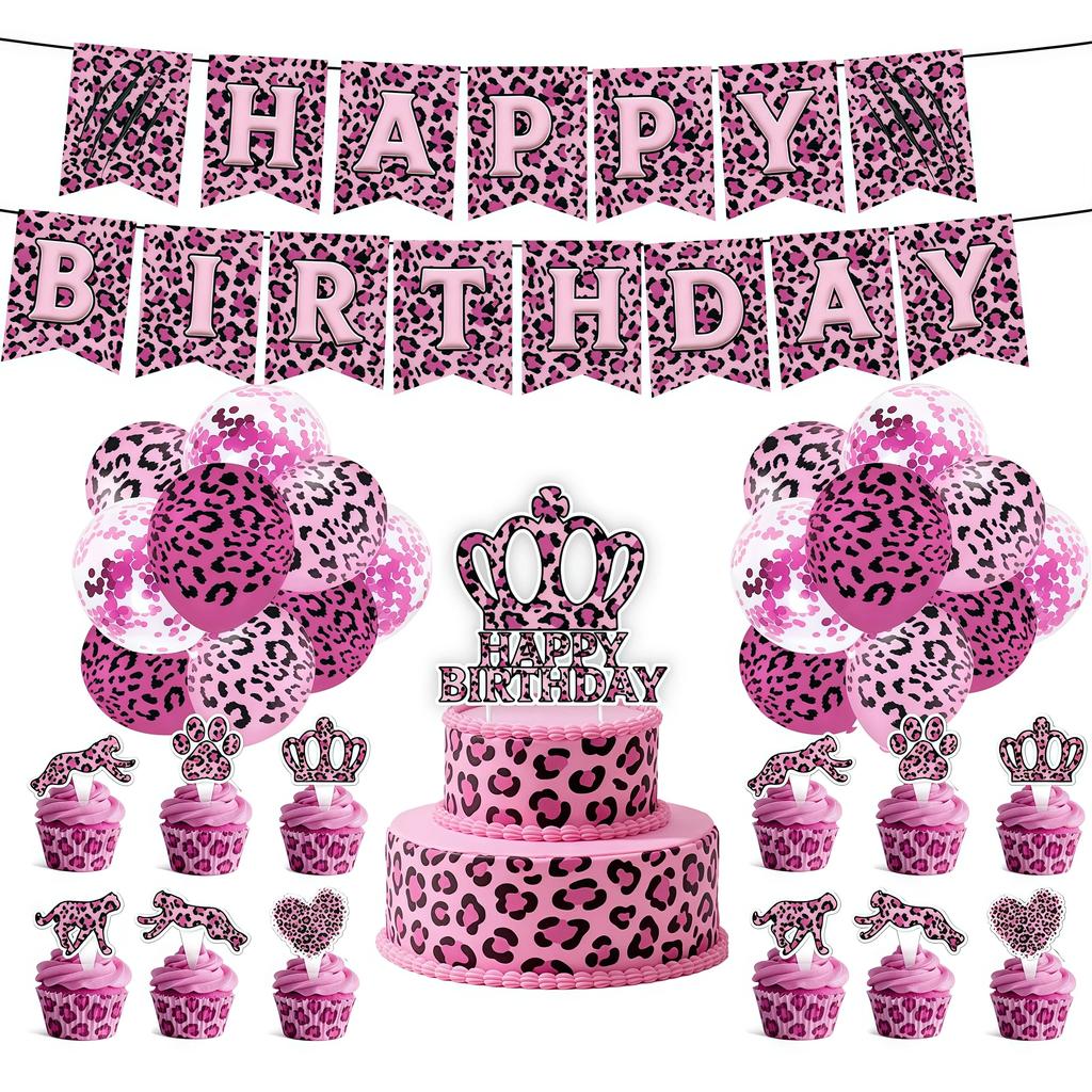 Rosa Leopard Geburtstagsparty Dekoration Tier Leopard Thema Geschirr Becher Teller Banner Ballons Geburtstagsparty Zubehör Geschenke