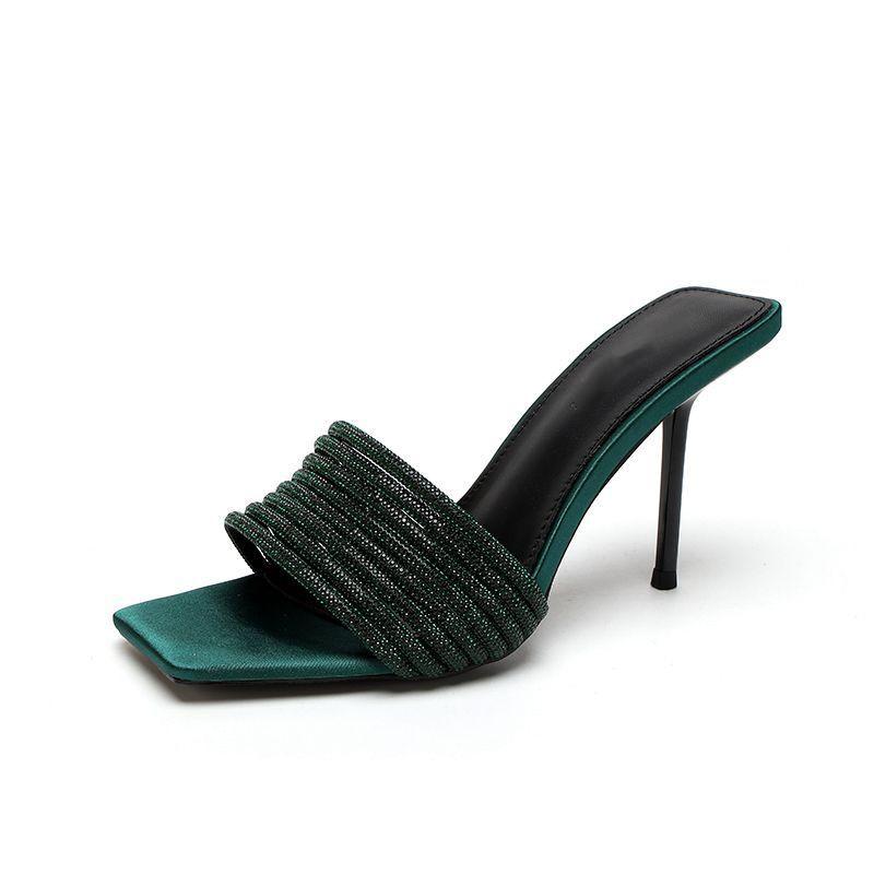 Fashion Bling Bling Luxury Crystal Square Toe Women Slippers Sandals Fashion Narrow Band Stiletto High Heels Mules Slides Modern Shoes