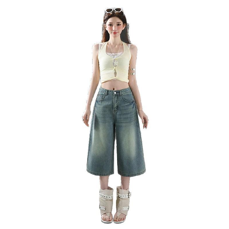 Vintage Washed Distressed Wide Leg Cropped Capri Denim Shorts For Women Straight Eight Points Pants  Versatile Slimming AllMatch Casual Bottoms