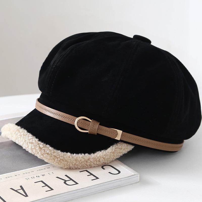 Winter Belt Buckle Decorative Suede Warm Octagonal Hat Women's Fashion Retro Cap Temperament Trendy Newsboy Hat