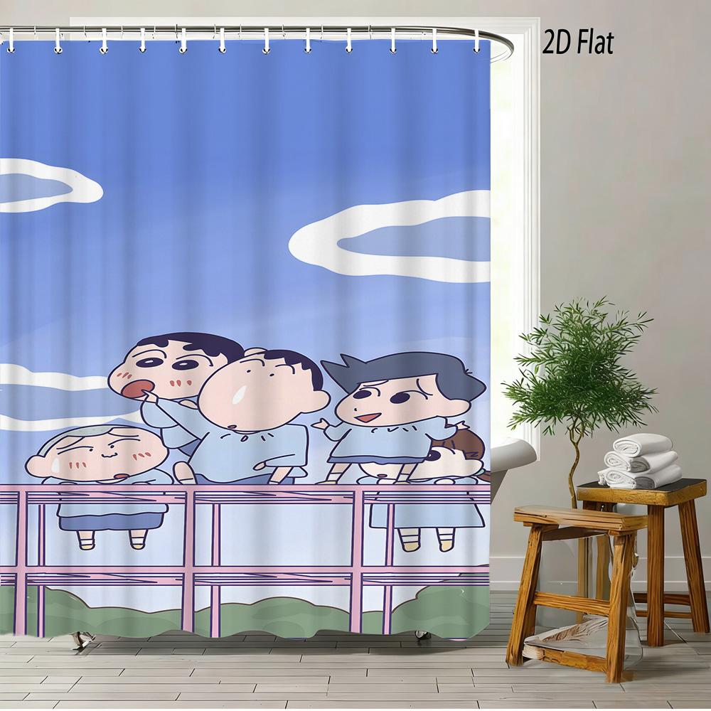 Crayon Shin-Chan & Friends Adventure 2D Print Waterproof Shower Curtain, Anime Bathroom Decor With Hooks