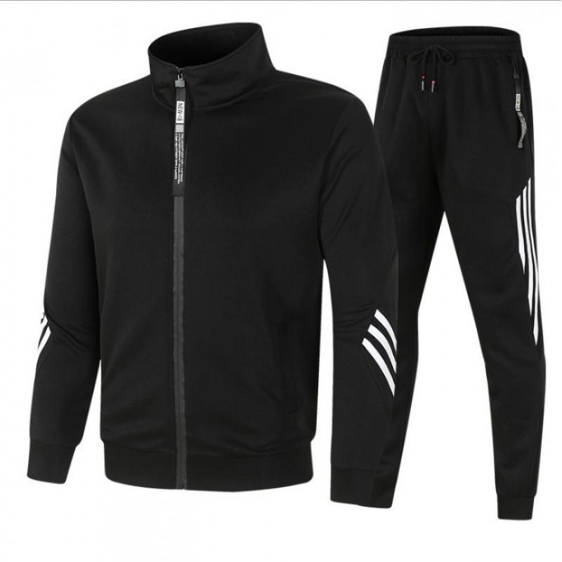 Three Bar Men's Stand Up Collar Fashion Sports Set Hooded Zipper Air Layer Leisure