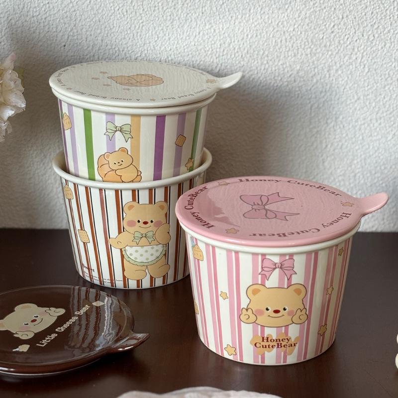 Cartoon Bear Cute Instant Noodle Bucket Household Storage Tank Large Capacity Ceramic Bowl Soup Bowl High Value Student Instant Noodle Bowl