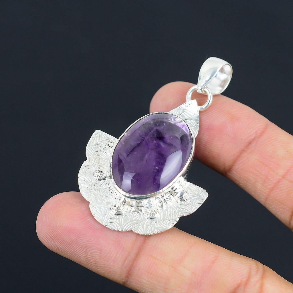 Daughters Day Sale 925 Silver Oval Star Amethyst Gemstone February Birth Pendant