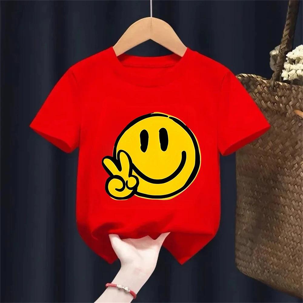 Kids Cartoon Smiley Face Print Shortsleeved Tshirt Casual and Versatile Style Suitable for Childrens Outings and Daily Wear
