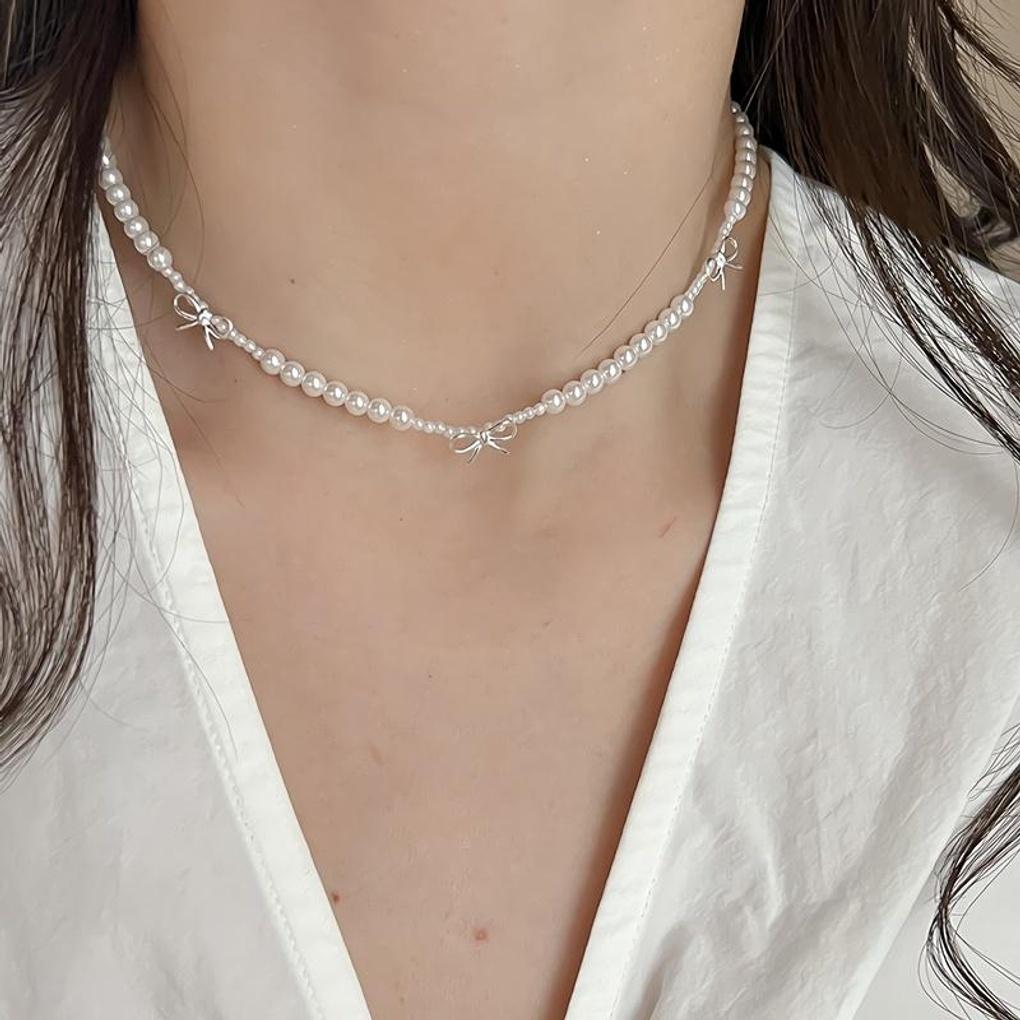 Women's 925 Silver Kitsch Pearl Ribbon Simple Necklace