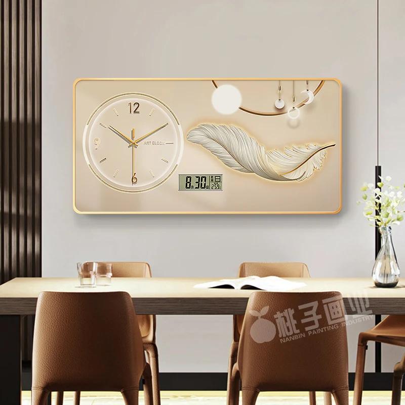 New perpetual calendar decorative painting light luxury feather wall clock living room hanging painting home electronic clock