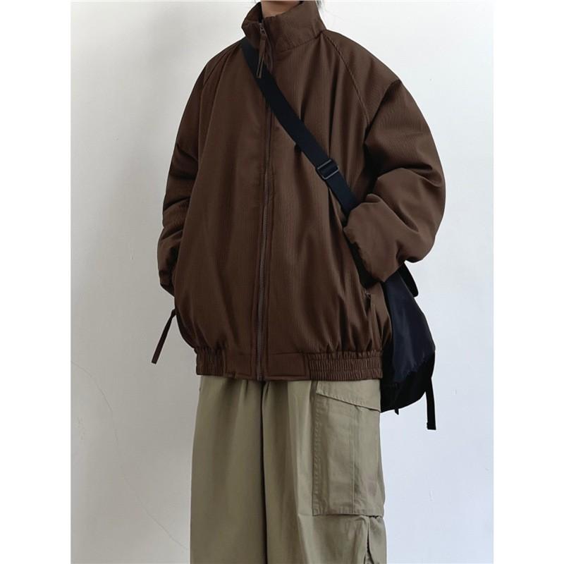 Winter Vintage Stand Collar Thick Warm Cotton Jacket Loose Casual Striped Coat Men