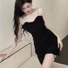 Black Pure Desire Wind Pleated Lace-up Chain Suspender Dress Women's Small Summer Waist Tight Hip Wrap Skirt