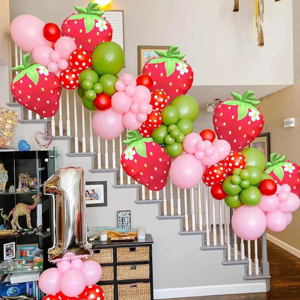 3pcs/6pcs Strawberry Aluminum Film Balloon Birthday Party Supply Summer Fruit Party Baby Girl Baptism Decoration Matte Balloons