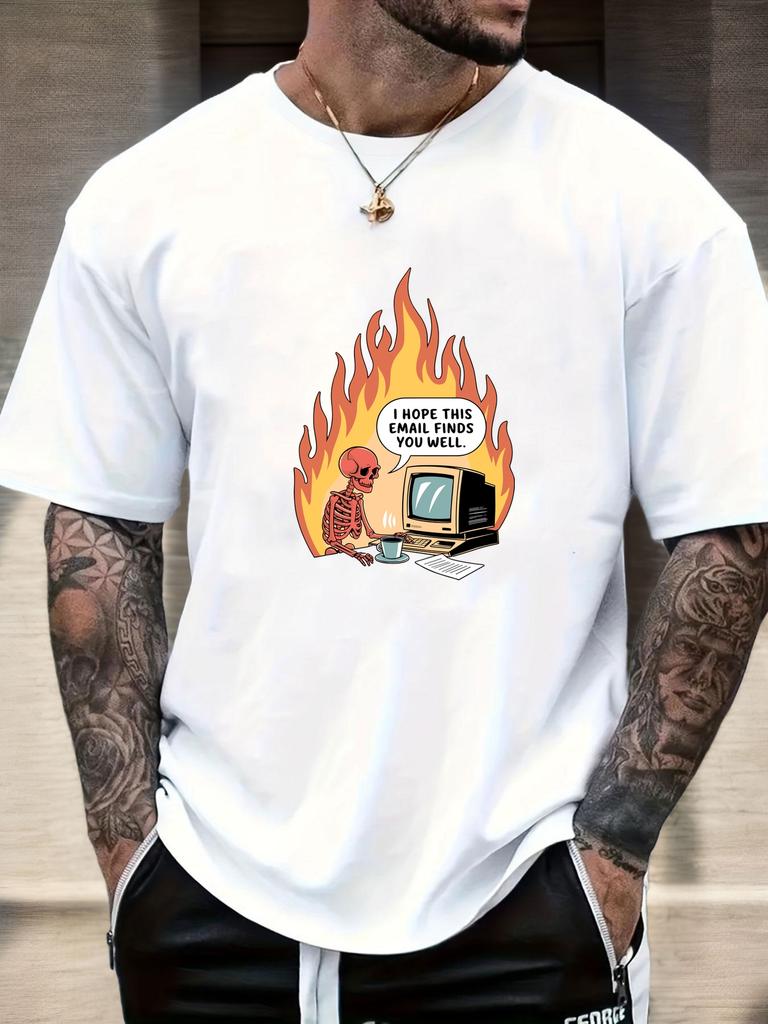 Mens Casual Tshirt Skeleton Flame Email Print Short Sleeve Round Neck Breathable Soft Oversized Humorous Daily Tee