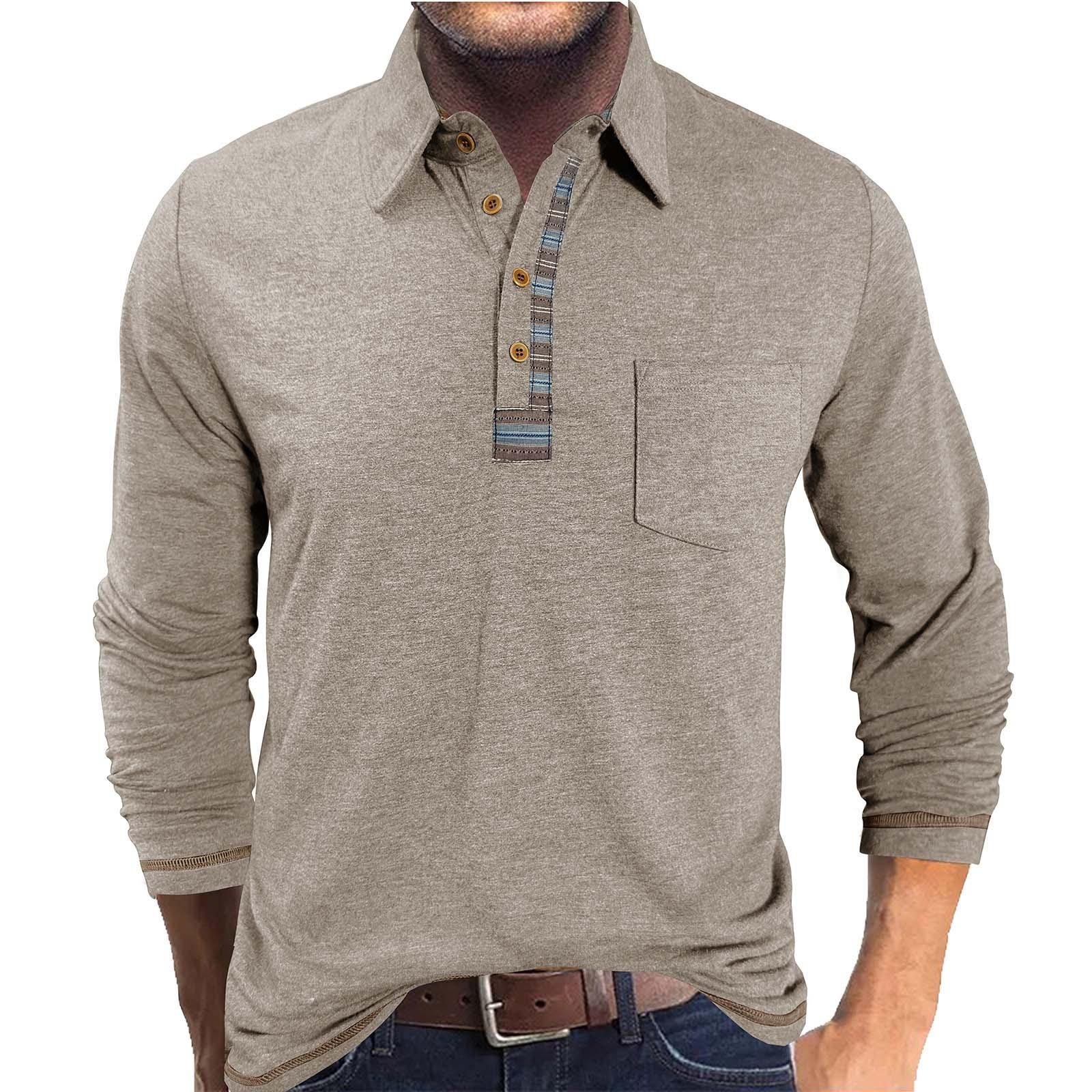 

Мужской базовый топ с цветным хлопковым лацканом на пуговицах и длинным рукавом XL бежевый