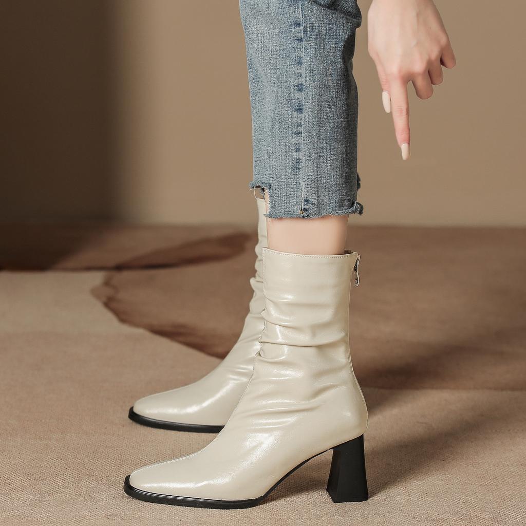 H9537-3 high-heeled short boots women's velvet retro French medium boots slim fashion boots rear zipper square head single boots