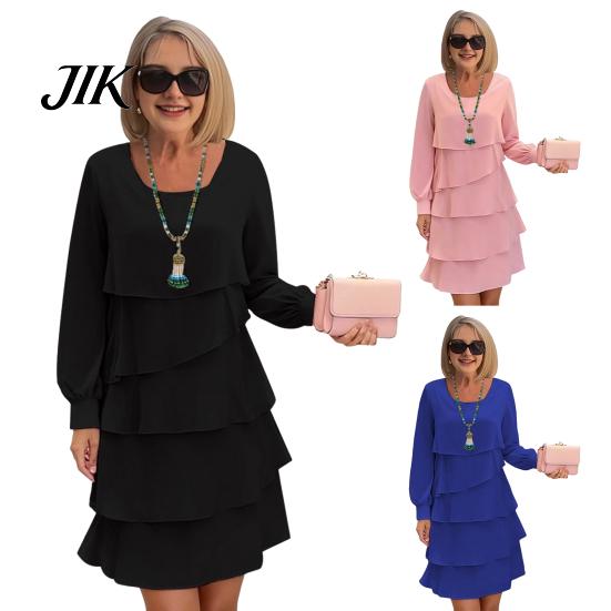Einfarbiges Kleid Lagenlook Chiffon für Damen Langarm Rundhalsausschnitt Alltagskleidung Rüsche Stufenförmig Fließend Lässig Hochzeitsgast