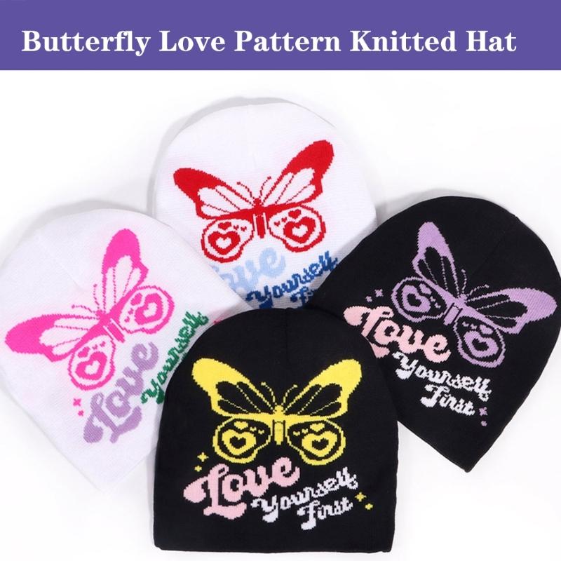 2000s Butterfly Pattern Knitted Hat Streetwear Design Breathable Acrylic Fibre Hat For Outdoor Music Festival Daily Use