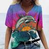 Women's T-Shirts Dolphin Print Tops V-Neck Fashion Female Vintage Aesthetics Tees Loose Oversized Funny Clothing