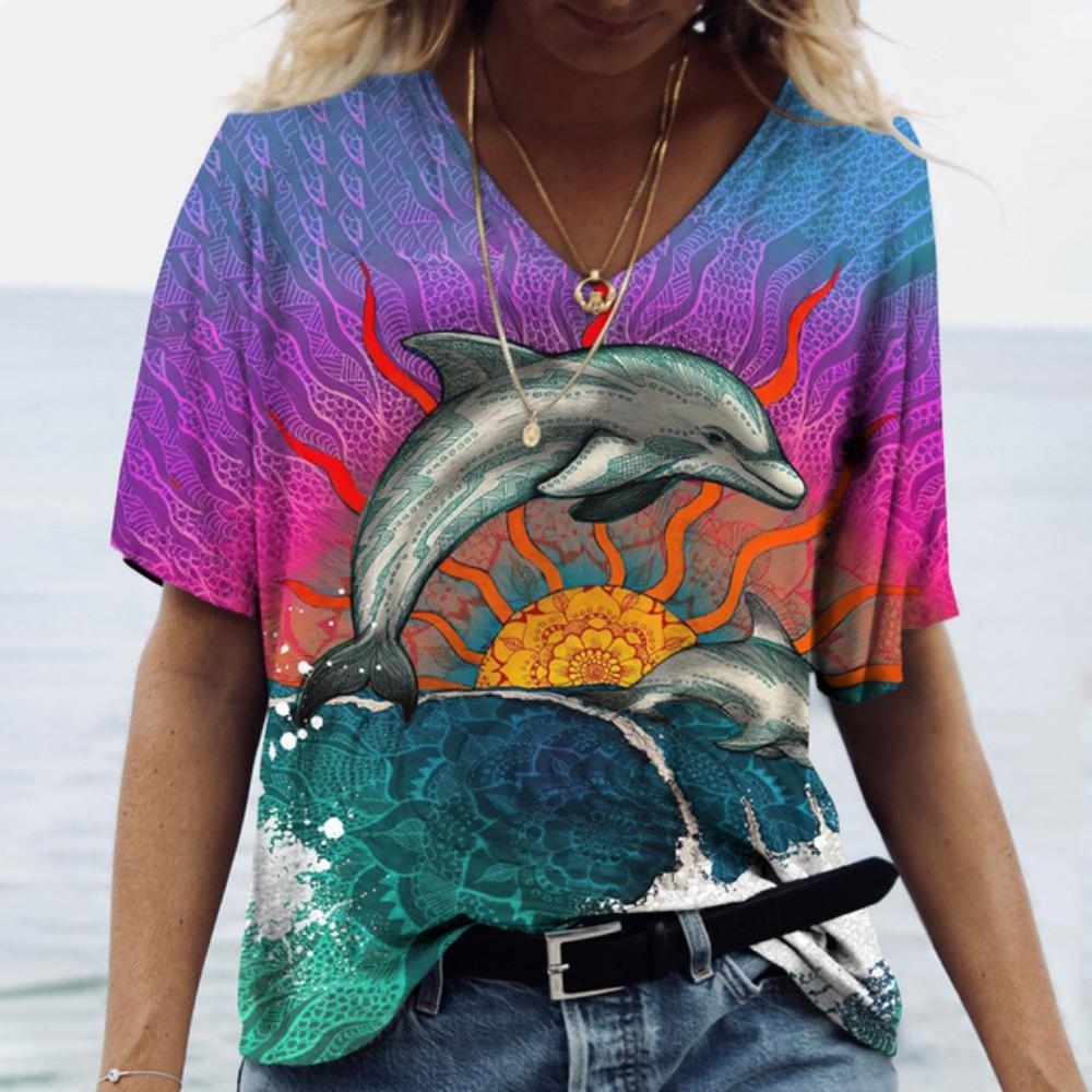 Women's T-Shirts Dolphin Print Tops V-Neck Fashion Female Vintage Aesthetics Tees Loose Oversized Funny Clothing