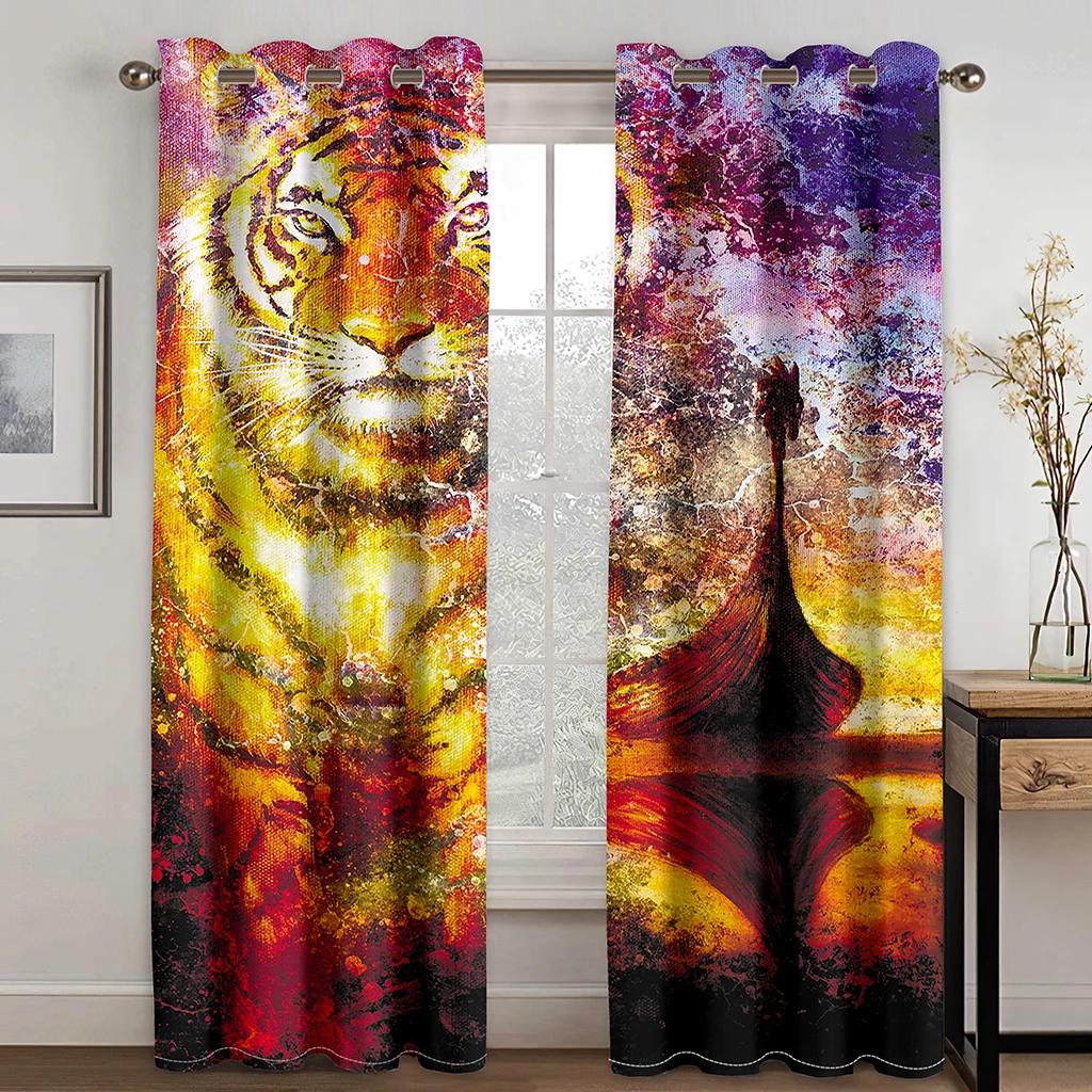 Abstract Art Animal Bohemian Psychedelic Lion Wolf Light Filtering Drapes Window Curtains for Living Room Bedroom 2 Pieces Decor