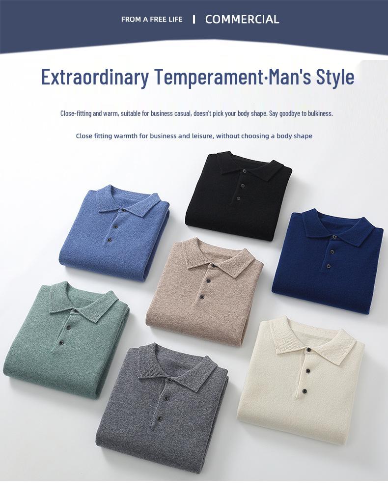 Men's Fashionable Pure Wool Solid Color Long-sleeve Polo Sweater