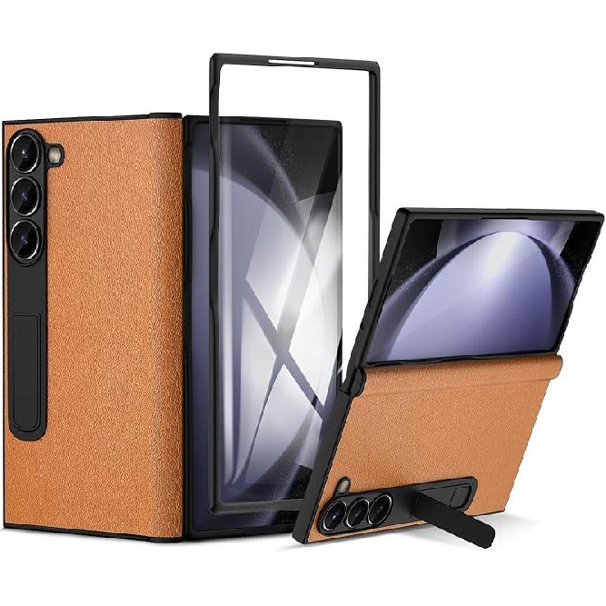 Genuine Leather for Samsung Galaxy Z Fold 6,Full Grain Leather + Hard PC Shell Ultra with Front Built-in Screen Protector,Magnetic Hinge Protection,