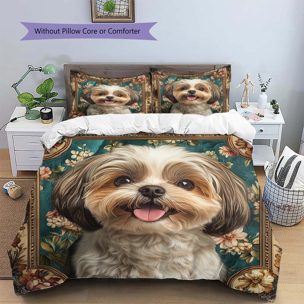 Vintage Shih Tzu Pattern Bedding Home Decoration Birthday Gift (1 * Duvet Cover + 2 * Pillowcase, Without Core)