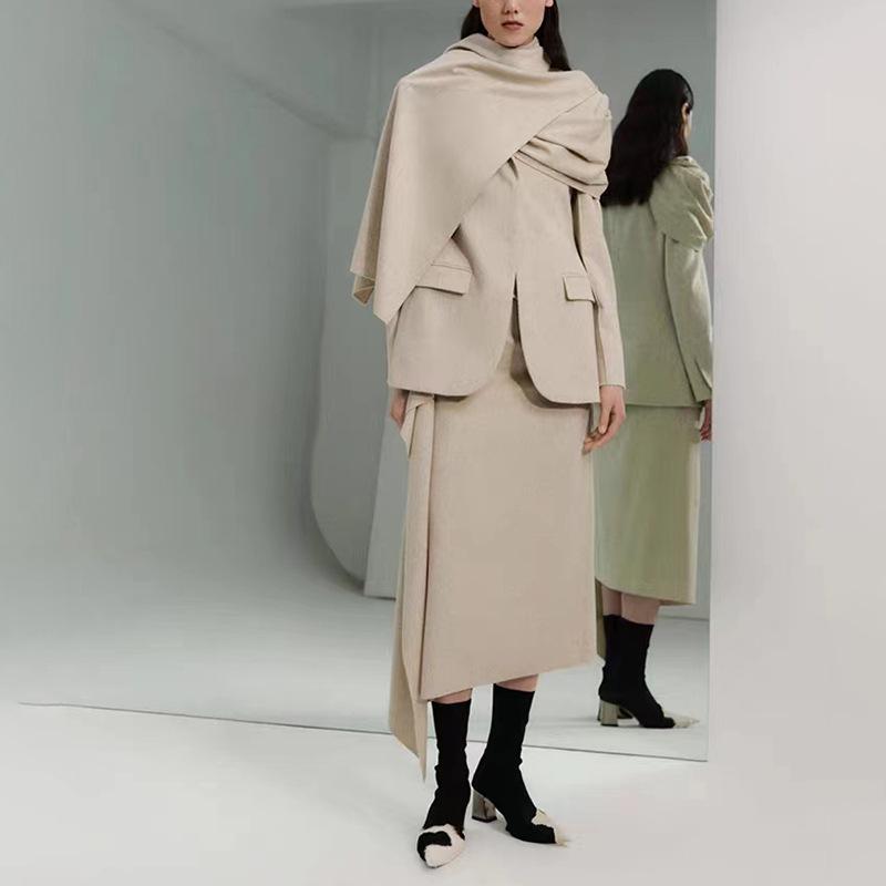 

Кофейный нерегулярный шарф элегантный блейзер женский лацкан длинный рукав свободный крой куртка мода весна осень XS бежевый