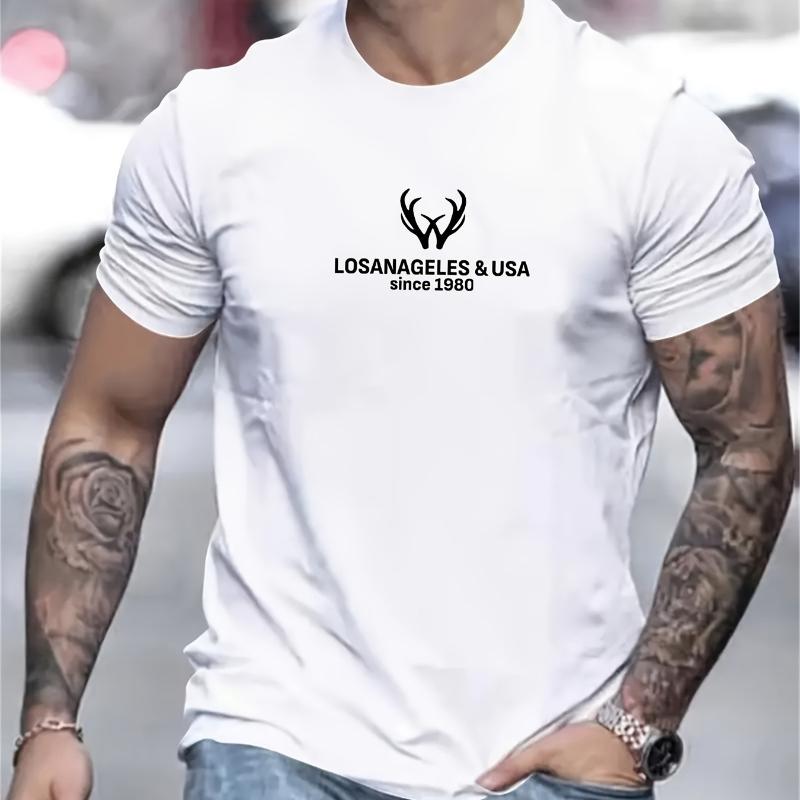 

Лос-Анджелес и США С 1980 года Футболка с принтом оленьих рогов, Легкая футболка Дышащая Прохладная, Удобная в носке XXL белый