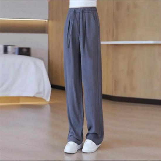 

Женские брюки из ледяного шелка с высокой талией и широкими штанинами - Летние повседневные брюки в пол 2025 2XL серый