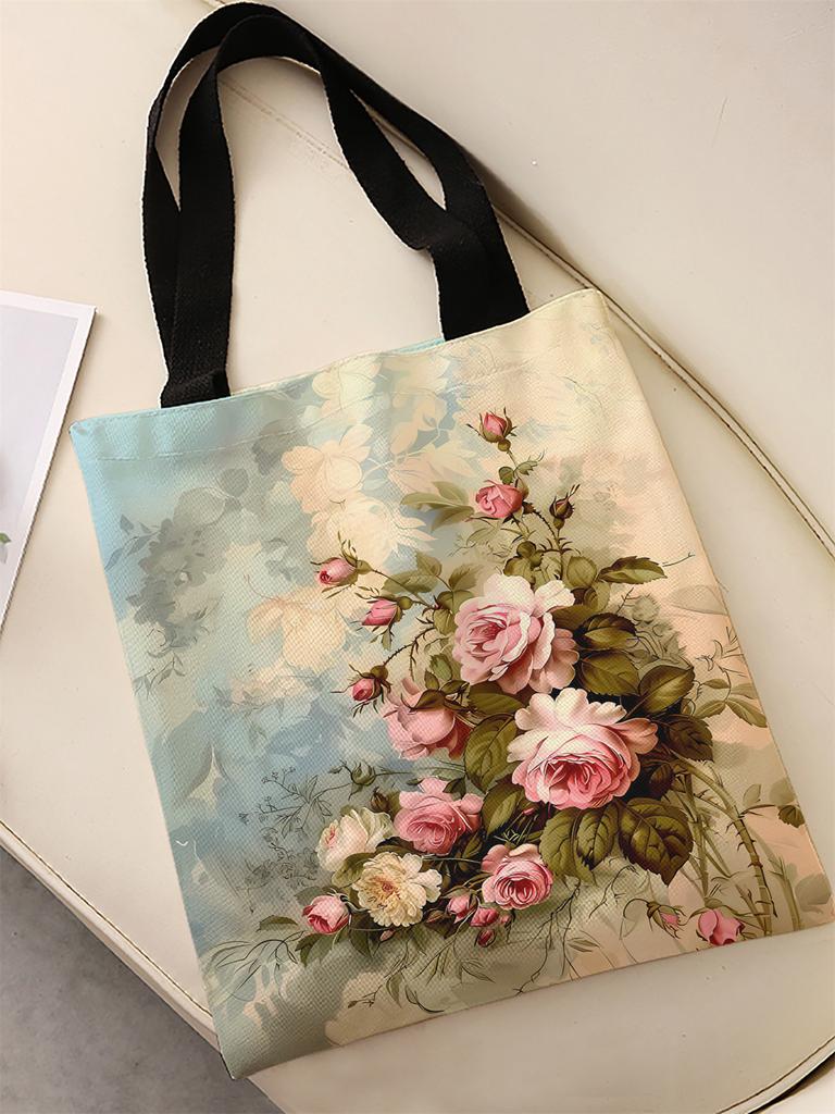Rose pattern printed casual handbag, reusable fashionable backpack, multifunctional handbag, canvas shopping bag