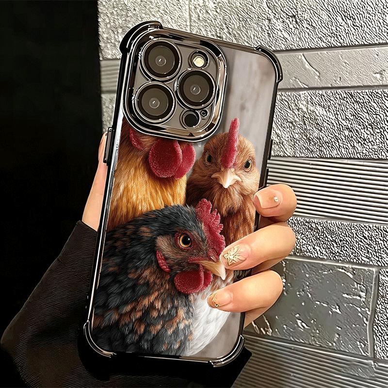 Chicken Hen Rooster Plating Phone Case For Iphone 16 17 Pro Max Air 16E 14 15 Plus 12 13 Mini Anti-Fall Airabag Cover