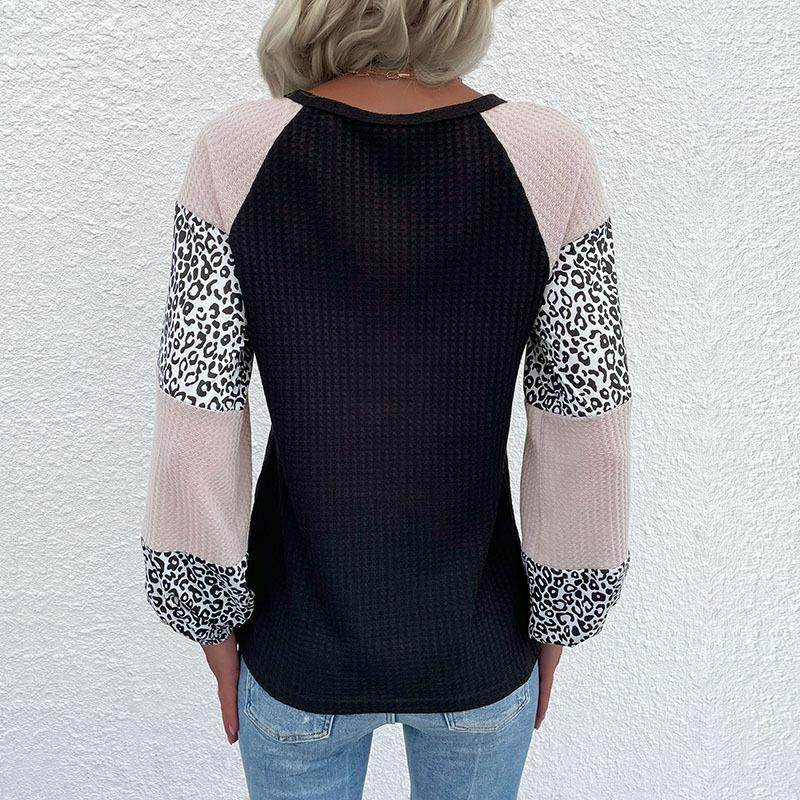 Tricou cu patchwork cu imprimeu leopard de toamnă pentru femei Top tricotat liber