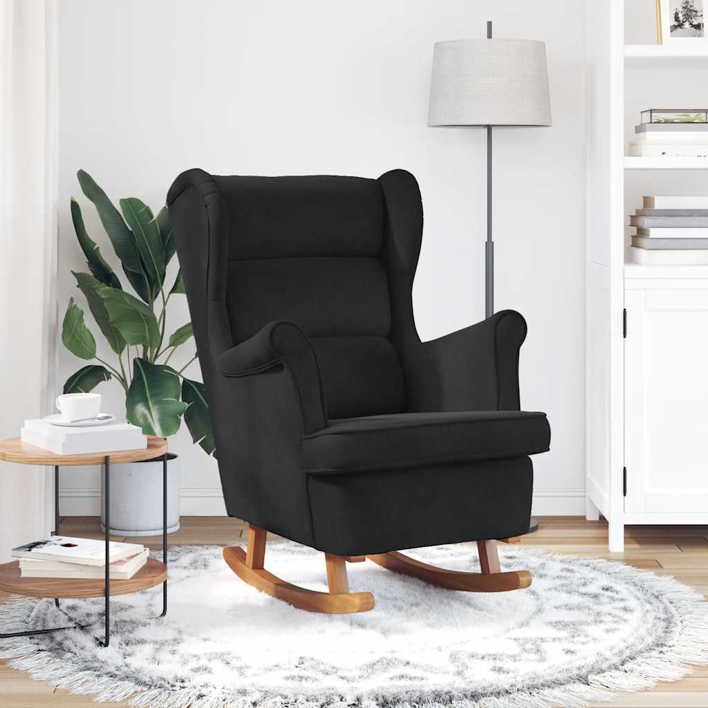 Rocking Chair Armchair In Black Velvet and Solid Wood