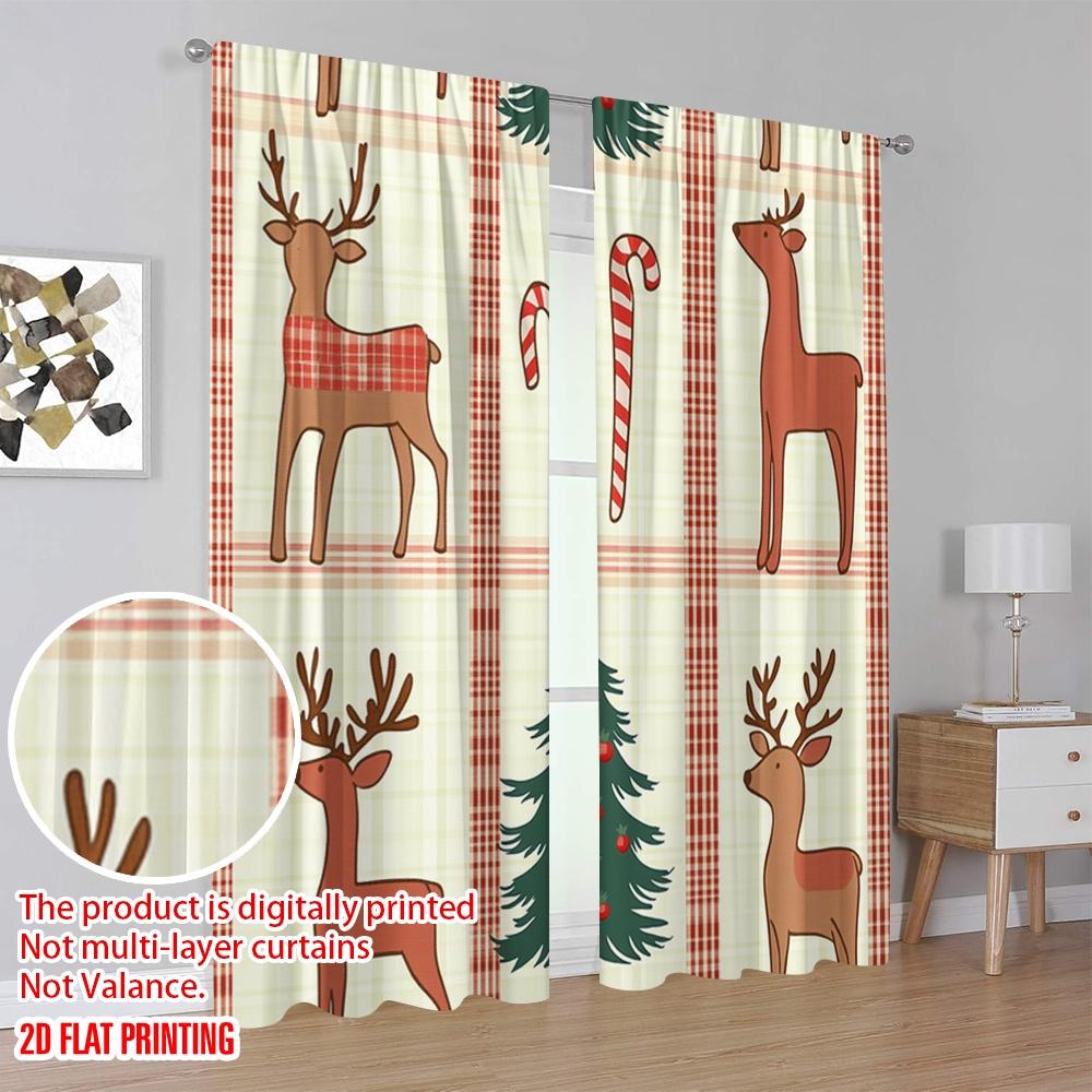 2pcs,2D Plane Printing Window Curtain Christmas Trees Candy Canes Reindeer (3) Polyester Fabric (without Rod) All Seasons