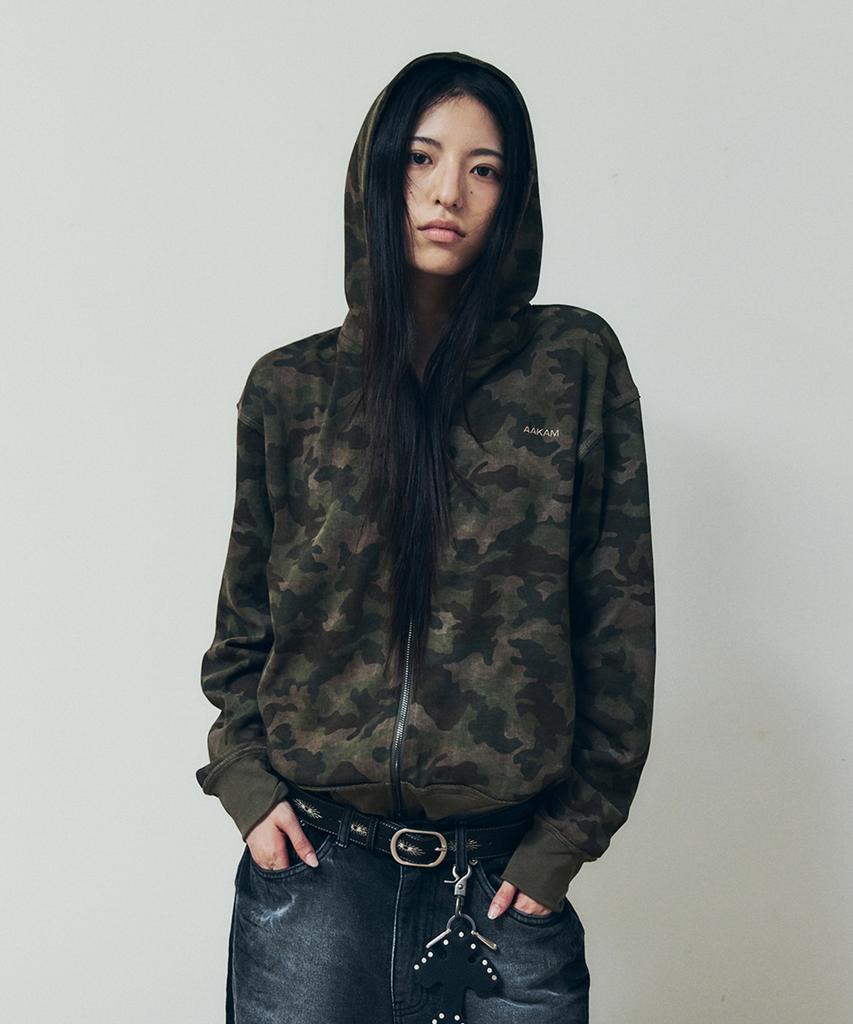 Aakam Basic Logo Camouflage Zip-Up Hoodie (Khaki)