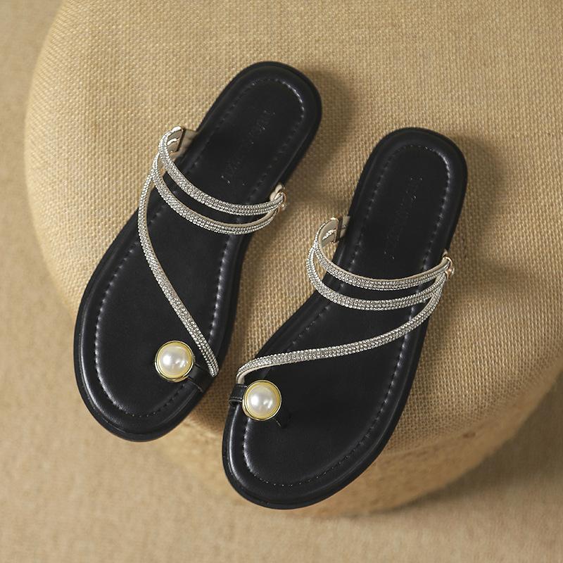 

Fashion clip toe pearl buckle slippers women flat heel summer slides shoes crystal narrow band flip flops women glitter sandalias mujer 34 чёрный
