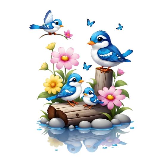 Watercolor Bird Window Sticker Cartoon Blue Birds Flowers Butterflies Double Sided Static Cling