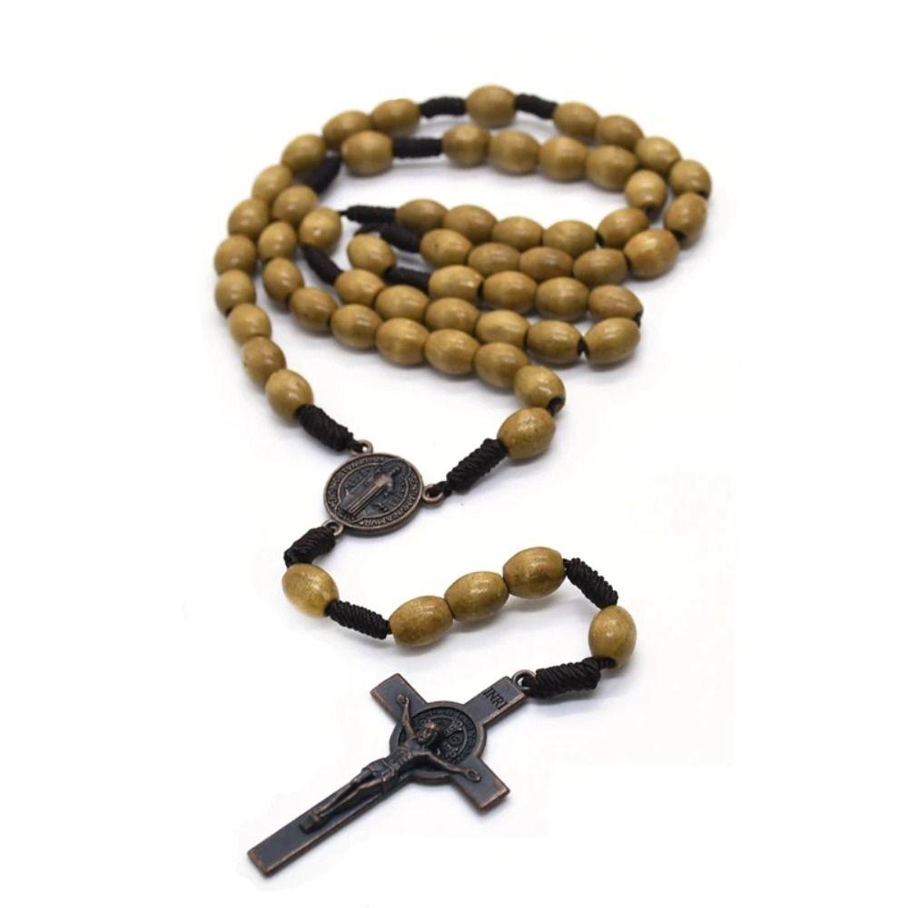 Wood Wood Beads Necklace Car Hanging Ornament Crucifix Pendant Chain Handmade Rosary Necklace  Men