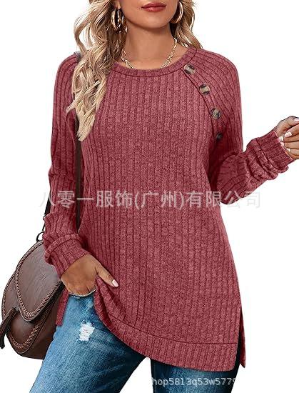 Women's Crew Neck Long Sleeve Tunic Top Ribbed Knit Raglan Sleeve Button Decor Split Hem Casual Pullover Shirt