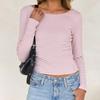 Ladies Spring Autumn Long Sleeve Round Collar Backless Striped Slim Fit Pullover Bare Midriff T Shirt Top