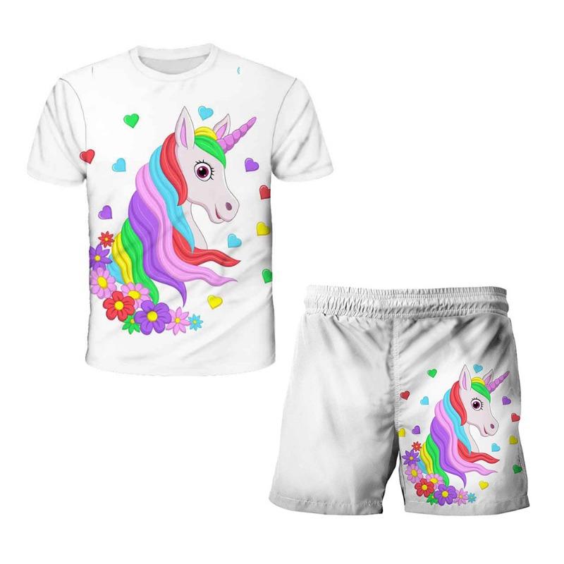 Unicorn Fashion Cute Girl Top T-shirt Short Sleeve+Shorts Two Piece Set Girls' and Children's Top Short Sleeve