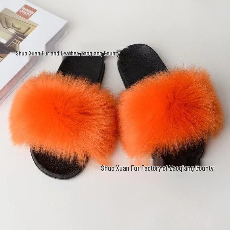 Women's Summer Fox Fur Slippers: Celebrity Trend, Flat Fur Sandals, Soft-Soled Flip Flops, Euro-American Style.