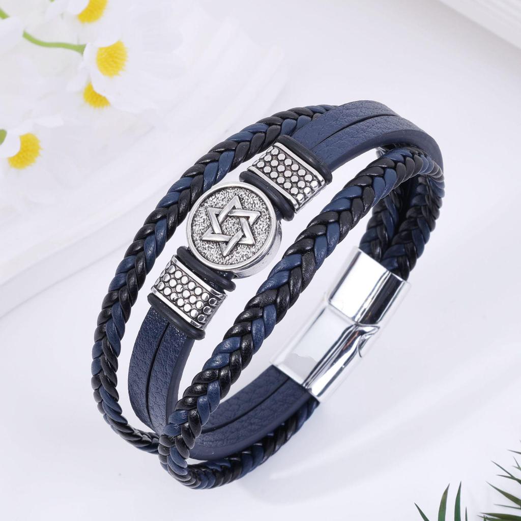 Men's Versatile Hip-Hop Bracelet - Woven Leather, Six-Pointed Star Design, Japanese/Korean Style