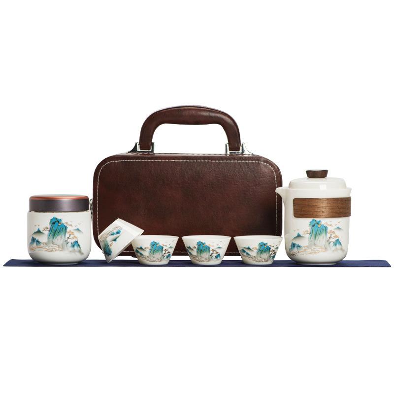 Travel white porcelain gifts Guochao Splendid Mountains and Rivers Outdoor Kung Fu Tea Set Small Set Portable Kuaike Cup
