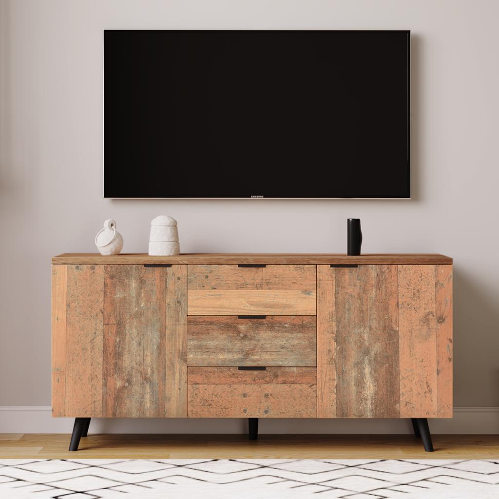 Sideboard TV Cabinet with Adjustable Shelves, Storage Cabinet, Three Drawers, for Living Room, Dining Room, Bedroom, Vintage, Brown, 140cm
