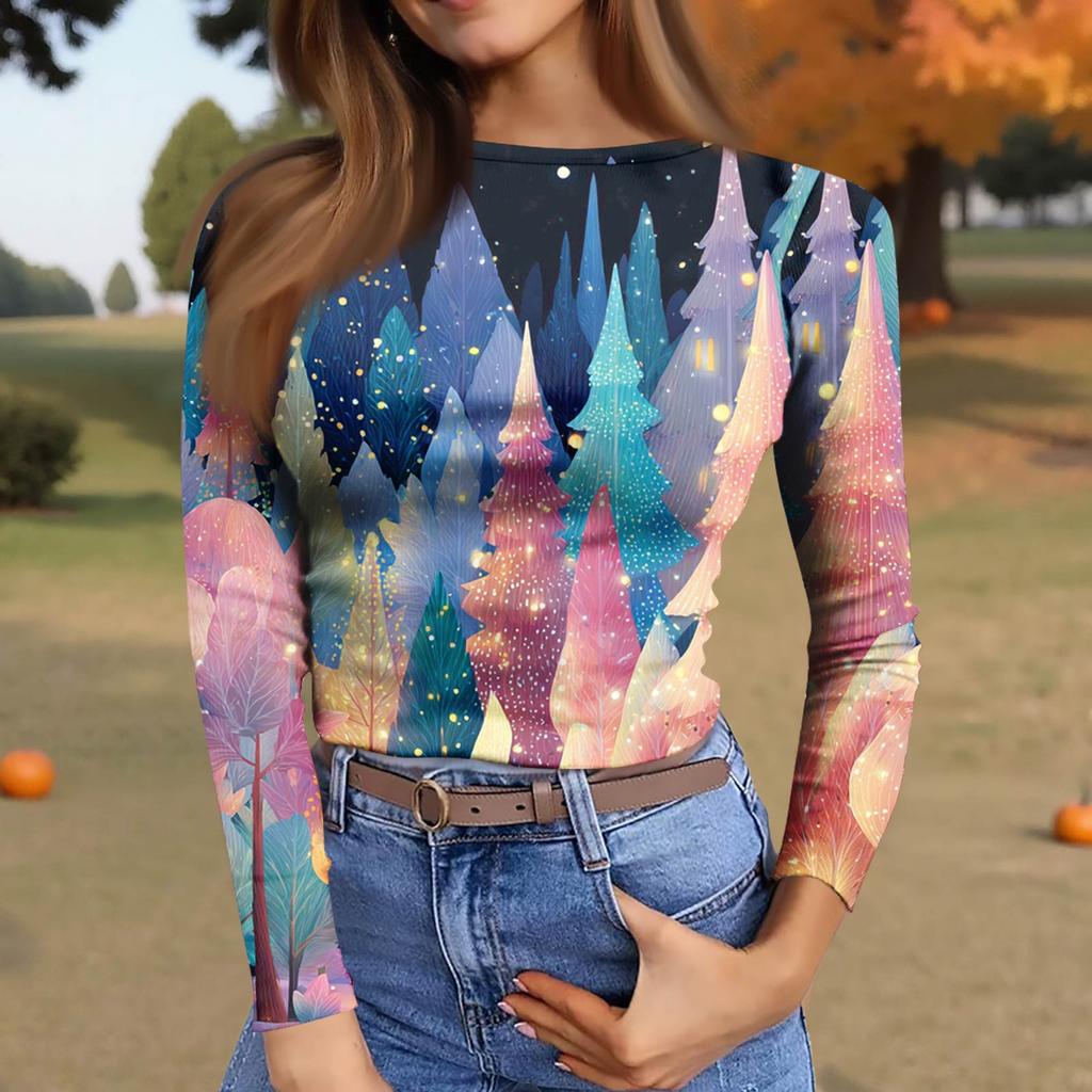 Women's  Slim Bottom T-shirt Fashion Casual Gradient Printing Round Neck Pullover Long Sleeve Top