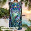 Peacock Artwork Theme Quick Dry Beach Towel Custom Name Text Print Large Sand Resistant Towel Beach Vacation