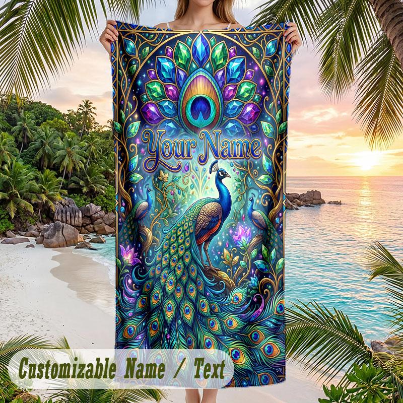 Peacock Artwork Theme Quick Dry Beach Towel Custom Name Text Print Large Sand Resistant Towel Beach Vacation
