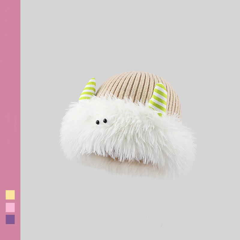 Cute and funny plush knitted hat children keep warm in winter new little monster horn ear protector hat shows small face